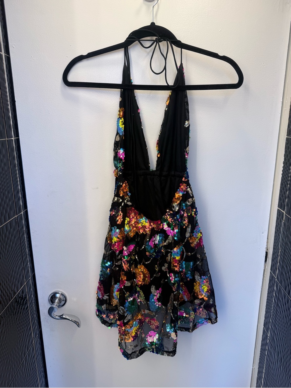 Lucy in the Sky Black Halter Mini Dress with Multicolor Sequin Floral - Picture 2 of 3